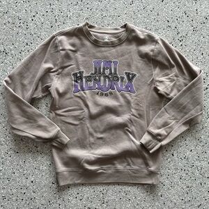 Jimi Hendrix Graphic Crewneck Sweatshirt Tan with Purple Black Logo